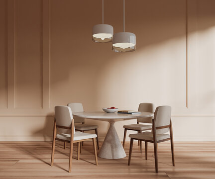 Beige dining room interior with round table
