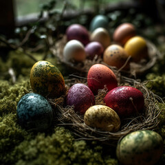 Forgotten not found Easter eggs dyed with natural plant-based colors, arranged on a bed of moss and twigs. Eggs Lost in Natures Embrace