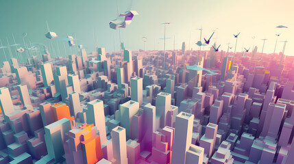 Futuristic Cityscape, Low Poly 3D Generative Ai - obrazy, fototapety, plakaty