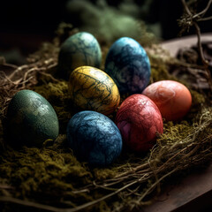 Forgotten not found Easter eggs dyed with natural plant-based colors, arranged on a bed of moss and twigs. Springtime Egg Hunt Surprise