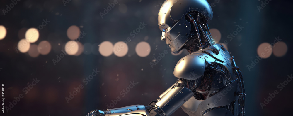 Poster mechanical ai robot that is sitting and thinking on blurred bokeh background with copy space. genera