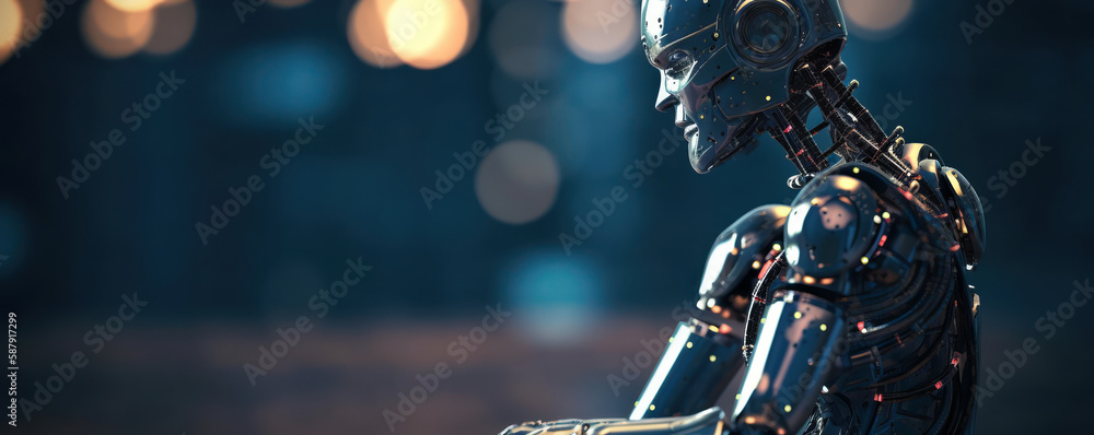 Poster mechanical ai robot that is sitting and thinking on blurred bokeh background with copy space. genera