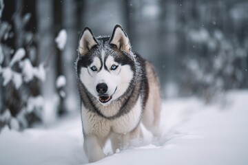 A majestic and powerful Siberian Husky running in the snow, showing off its strong and powerful build and thick coat. Generative AI
