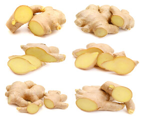 Collection fresh ginger root whole and slice isolated on white background. Creative medical concept, spice in cooking