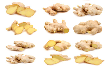 Close-up of ginger slices over white background,