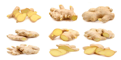 Ginger root isolated on white background. Collection