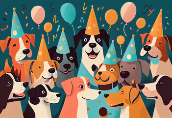 Collage of dogs wearing party hat, Generative Ai
