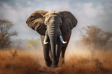Naklejka na ściany i meble A majestic and regal African Elephant walking through the savanna, showing off its majestic and regal nature. Generative AI