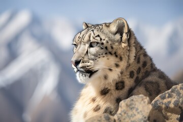 A majestic and serene Snow Leopard perched on a mountain, showing off its majestic and serene nature. Generative AI