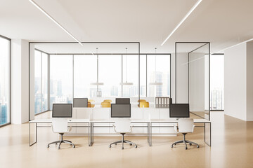 White office room interior with coworking and conference zone, window