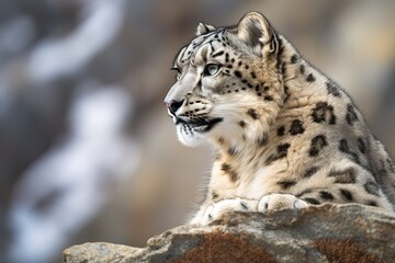 Obraz premium A majestic and serene Snow Leopard perched on a mountain, showing off its majestic and serene nature. Generative AI