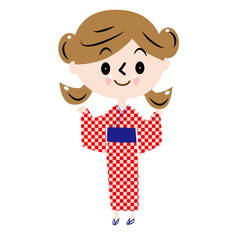 赤い市松模様の浴衣を着た元気な女の子のイラスト