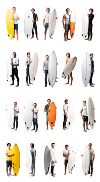 Surfers Paradise Set: Male Surfers with Surfboards on Clear Background Created with Generative AI and Other Techniques