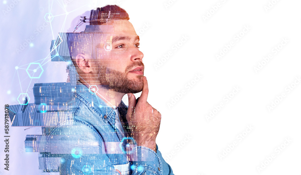 Poster man with pensive profile and skyscrapers with digital network lines, copy space