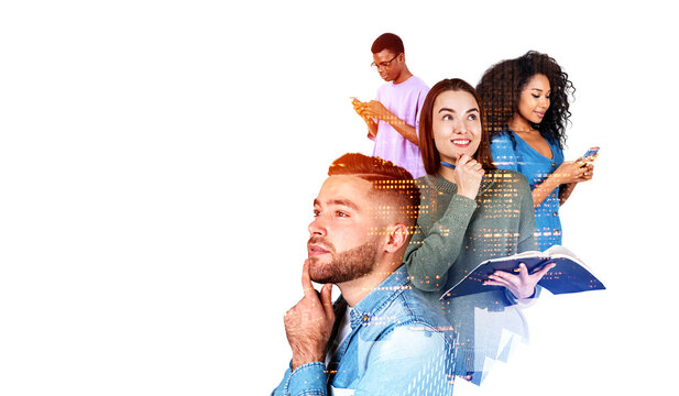 Four business students portraits with pensive look, education. Copy space