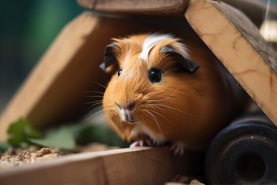 A playful and adventurous guinea pig exploring a play area, showing off its curious and adventurous nature. Generative AI