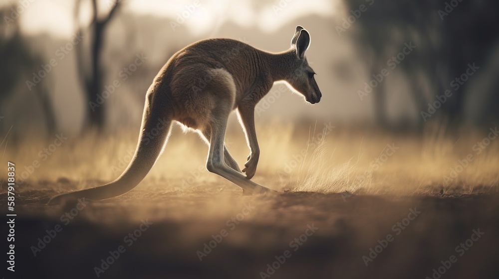 Poster a kangaroo in a field of grass with trees in the backgrounnd and the sun shining on the grass and tr