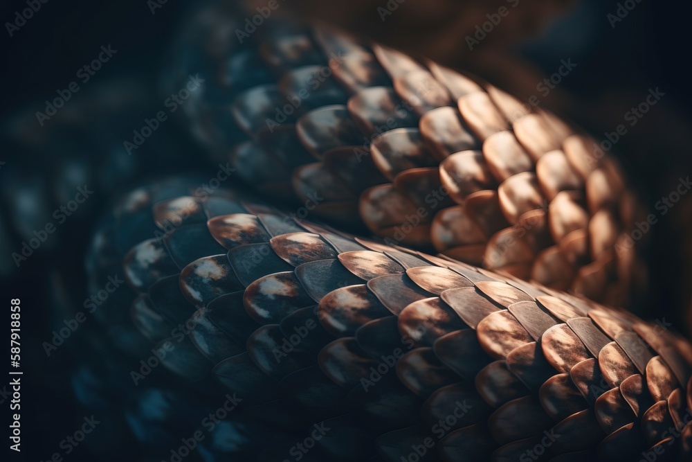 Poster a close up of a snake's skin with a black background and a blurry image of a snake's head in the bac