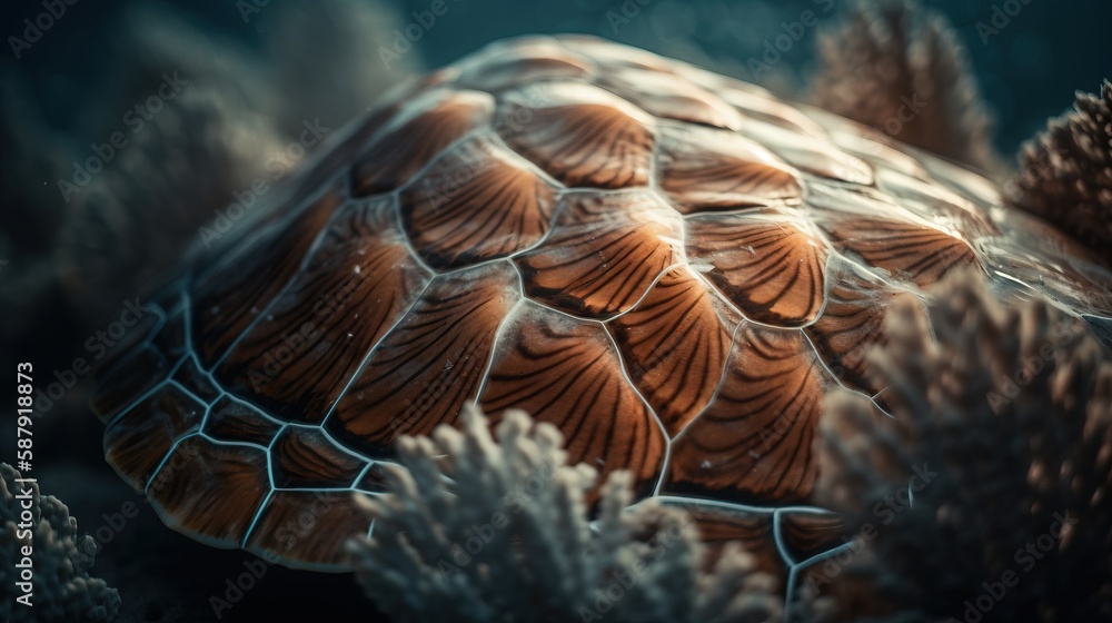 Poster a close up of a sea turtle on a coral with other corals in the background and a blue sky in the fore