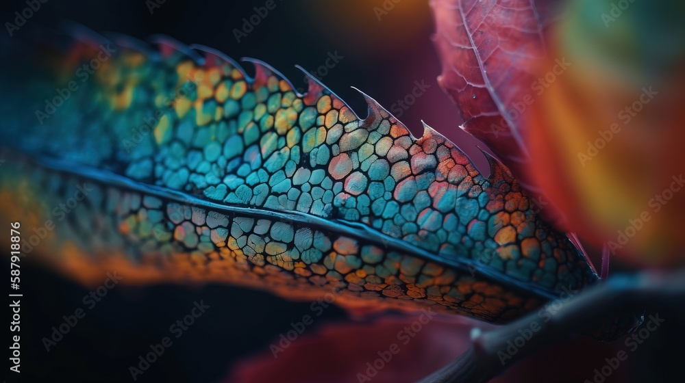 Poster a close up of a colorful feather on a branch with a blurry back ground and a black background with a