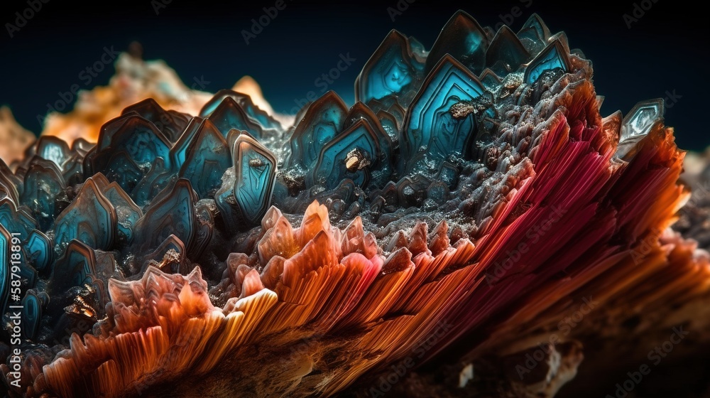 Poster  a close up of a colorful rock formation with many layers of rock formations in the middle of the image, with a black background and a blue sky in the background.  generative ai