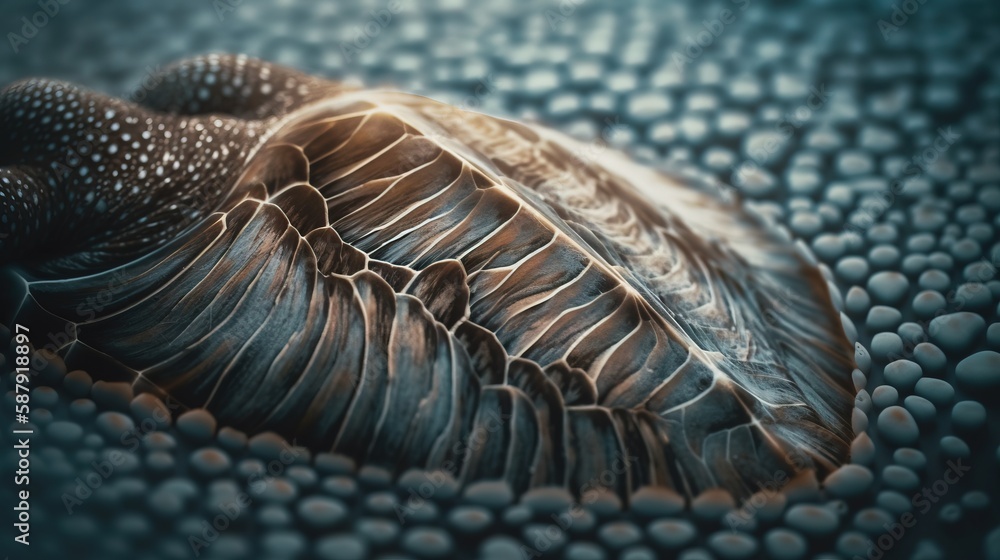 Poster a close up of a sea turtle's shell on a blue surface with bubbles in the water and a light shining o