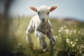 A playful and curious baby lamb frolicking in a field. Generative AI