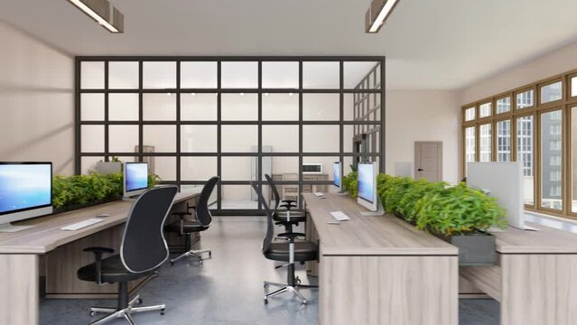 3D office interior, work place, computers, tables and cabinets.