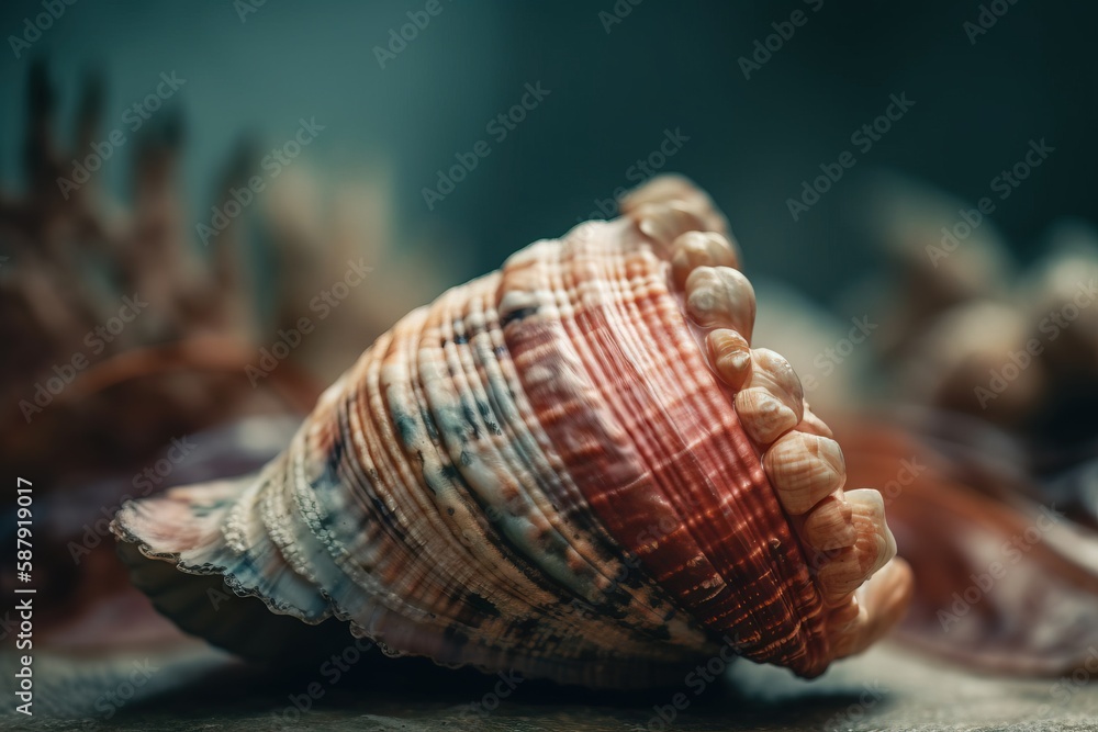 Aufkleber a close up of a sea shell on a table with other sea shells in the background and a blurry photo of t