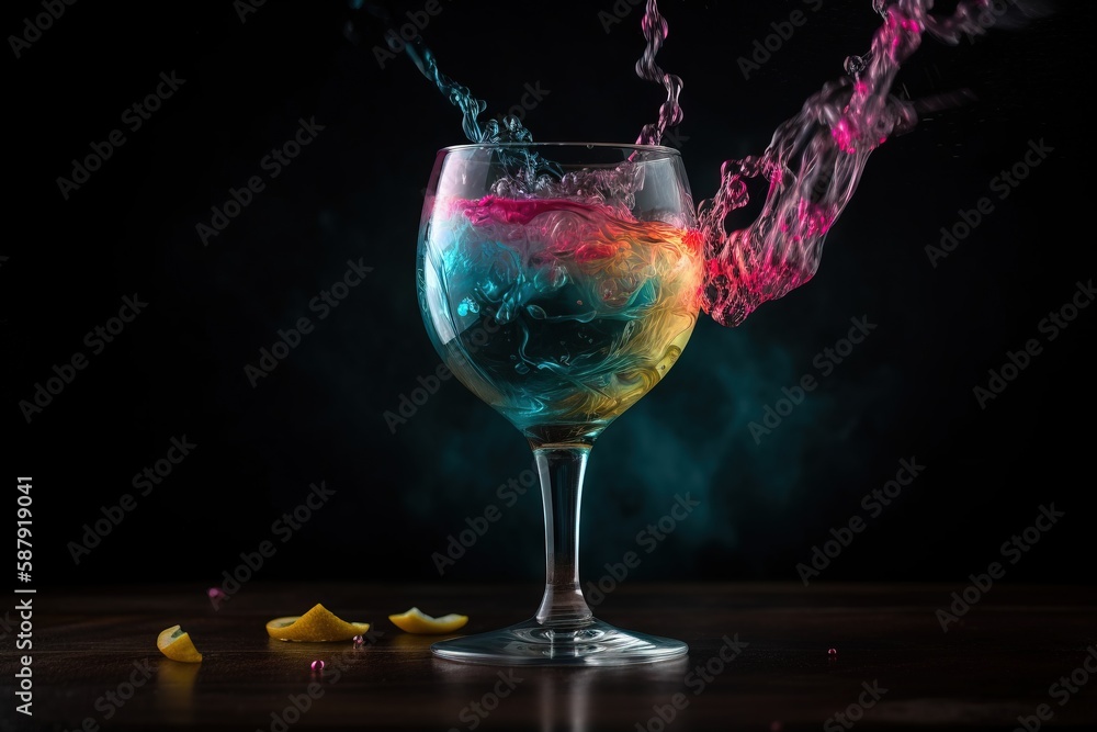 Poster a wine glass with a liquid splashing out of it and a slice of lemon on the side of the glass with a 