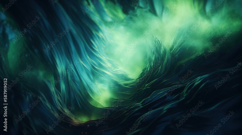 Poster an abstract painting of a green and blue swirly pattern on a black background with a red light at th