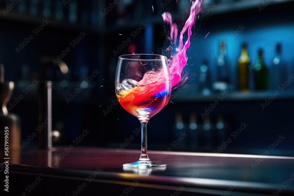 Aufkleber a glass of wine with a colorful liquid in it on a bar counter top with bottles in the backgrouf of t