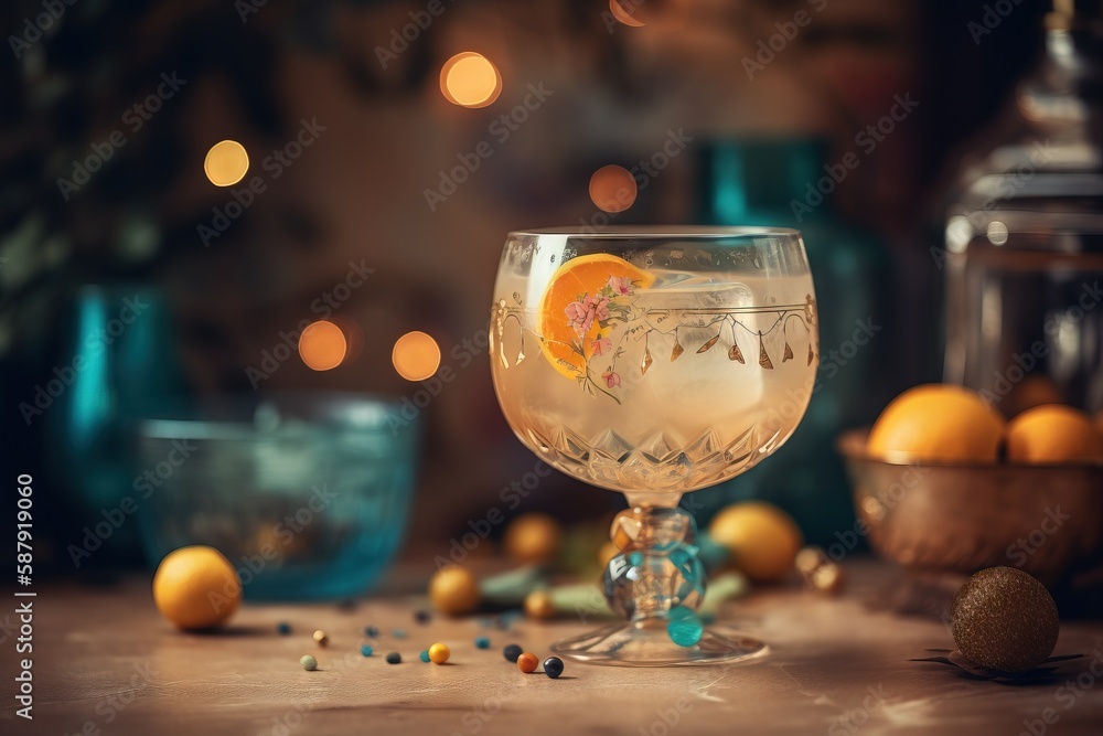 Poster a glass filled with a drink sitting on top of a table next to a bowl of oranges and a jar with a cor