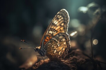 Naklejka na ściany i meble a close up of a butterfly on a rock with a blurry back ground in the foreground and a blurry back ground in the background. generative ai