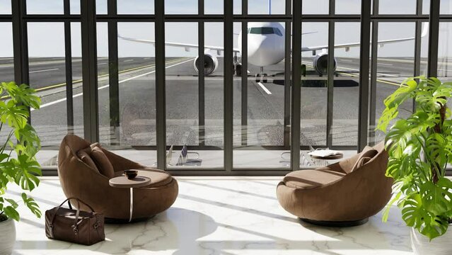 3D interior of airport, airplane in window, flight waiting area, concept of travel. lounge area for business class