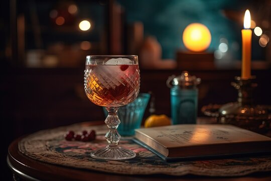  a glass of wine sitting on top of a table next to a book and a candle on top of a table with a candle holder.  generative ai
