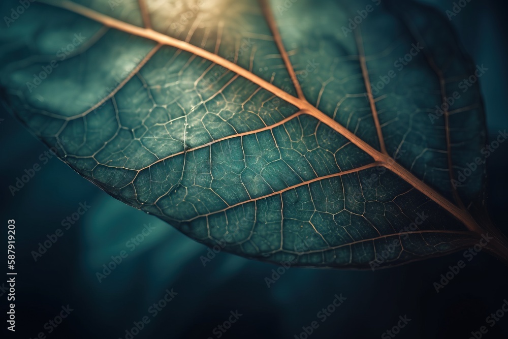 Poster a close up of a green leaf with a light shining on it's back end and a blue background with a light 