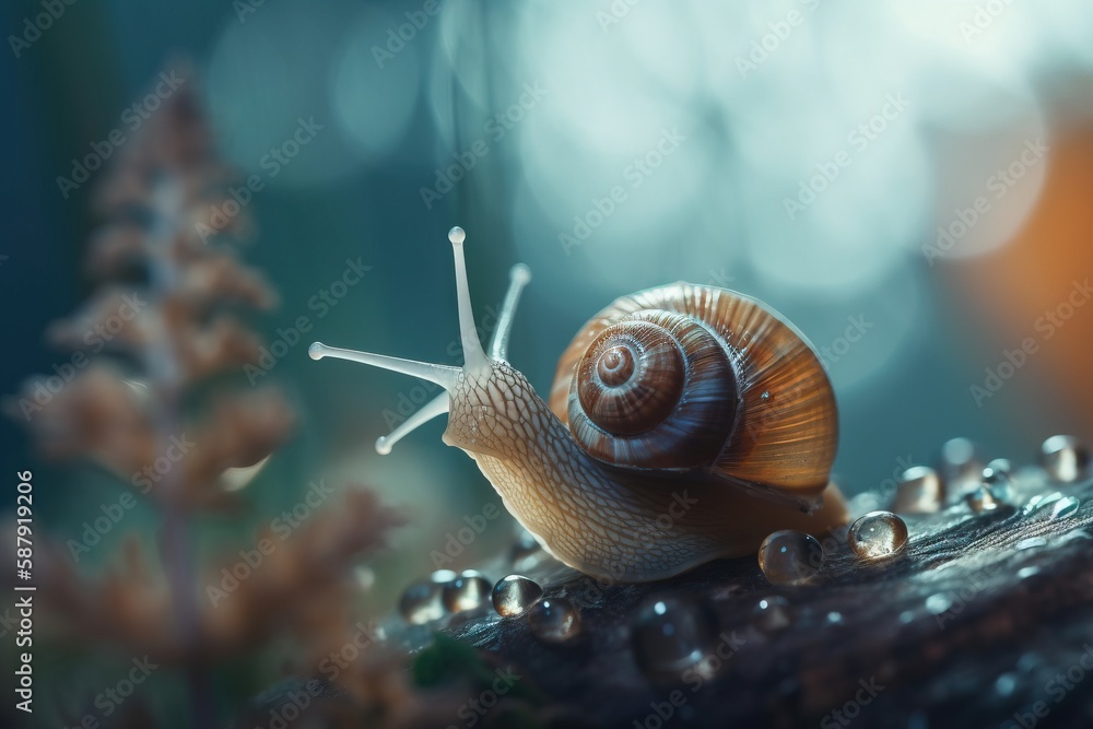 Poster a snail is sitting on a log in the woods with drops of water on its back and it's shell looking like