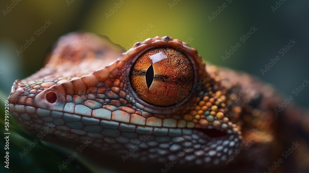 Poster a close up of a lizard's eye with a green plant in the foreground and a blurry background of the ima
