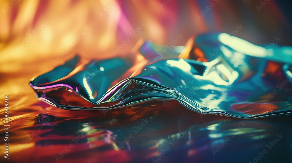 Poster a close up of a shiny surface with a blurry image of the surface and the colors of the material in t