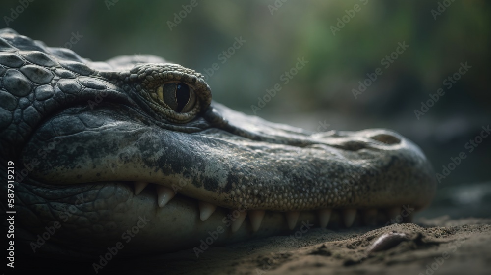Poster  a close up of a crocodile's head with its mouth open and it's teeth slightly open and it's eyes are slightly open.  generative ai