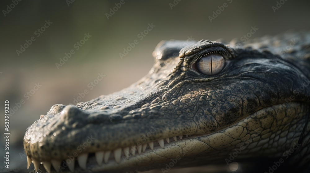 Poster a close up of a crocodile's head with its mouth open and it's eyes open and it's teeth still showing