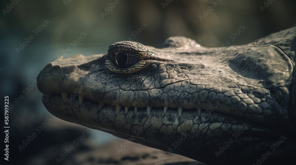 Poster a close up of a crocodile's face with a blurry background of trees and water in the background and a