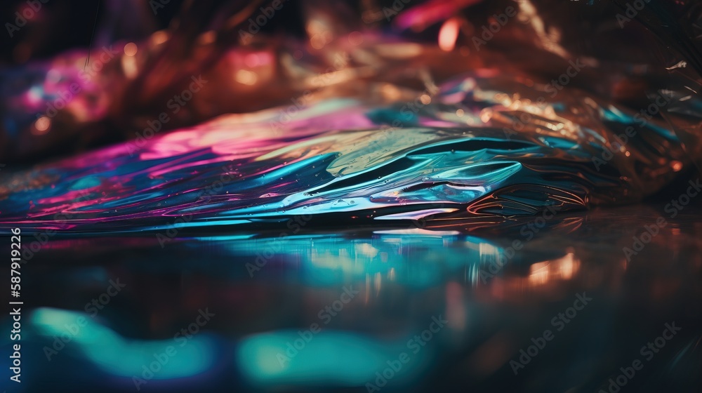 Poster a close up of a shiny surface with a blue and pink design on the top of the surface and the bottom o