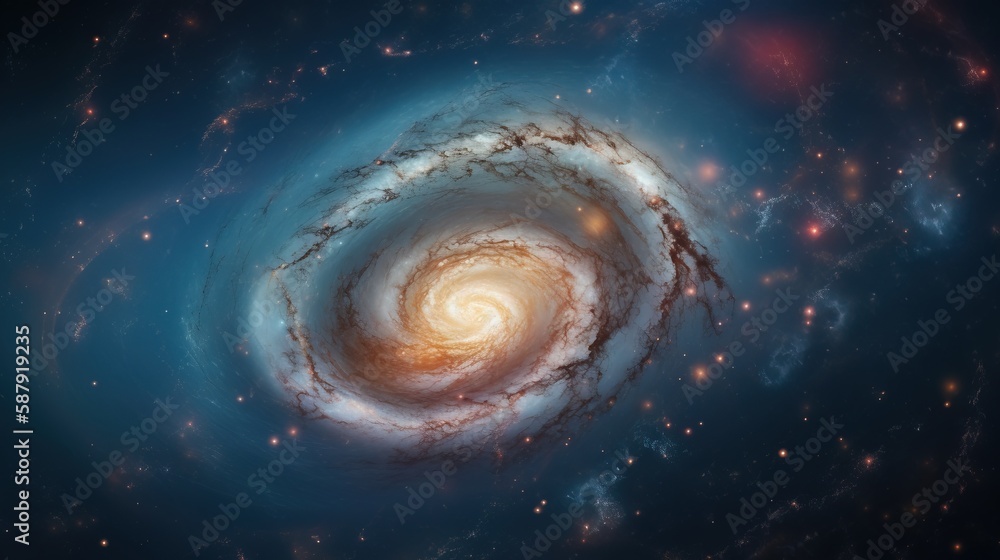 Poster a very large spiral shaped object in the middle of the night sky with stars around it and a blue bac