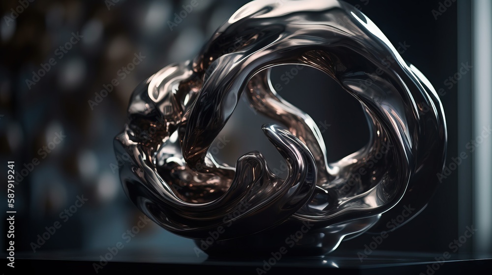 Poster a shiny metal sculpture on a black table in a dark room with a window in the back ground and a wall 