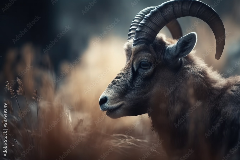 Aufkleber a ram with large horns standing in a field of tall grass in front of a dark background with long gra