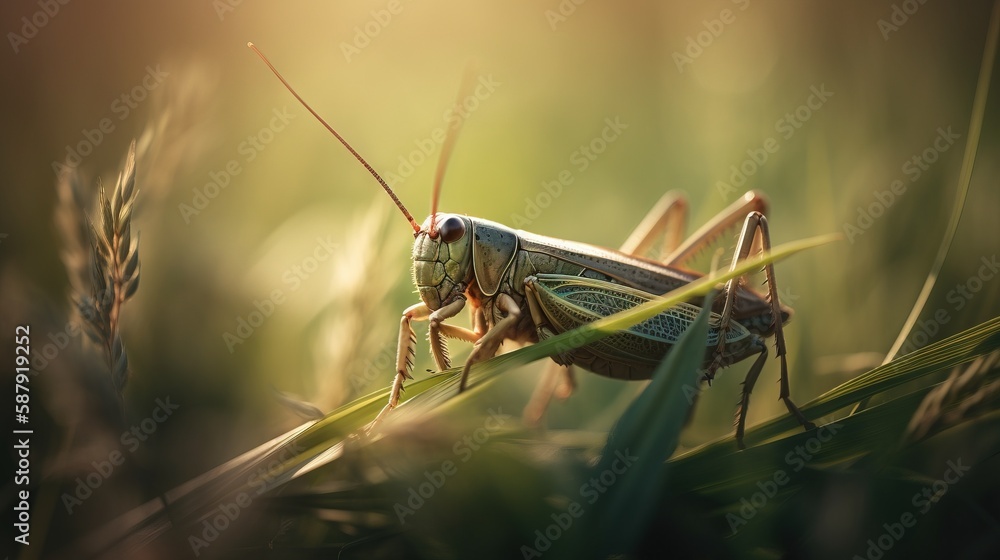Poster a close up of a grasshopper on a blade of grass with a blurry background of the grass and the grass 