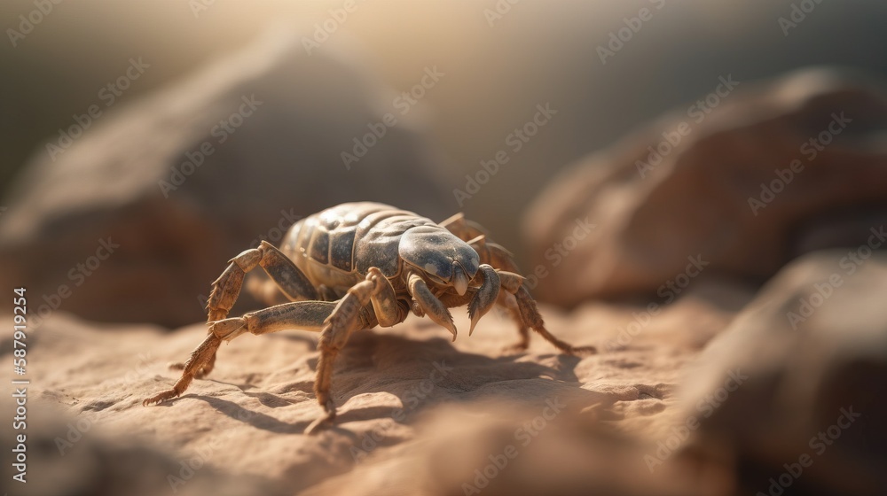 Poster a close up of a bug on a rock with a sun shining in the back ground behind it and a rock in the fore