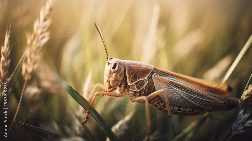 Poster a close up of a grasshopper on a stalk of grass in the sun with a blurry background of the grass and